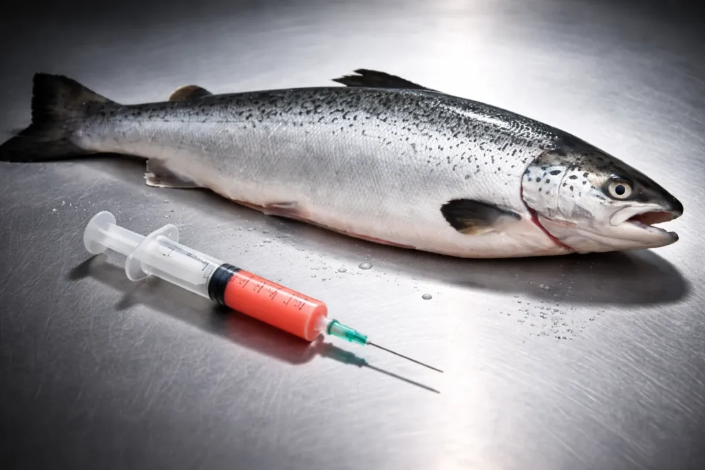 Illustration des additifs invisibles dans l'industrie du poisson : contraste entre un filet de saumon coloré artificiellement et les produits chimiques comme les polyphosphates utilisés pour augmenter le poids en eau.