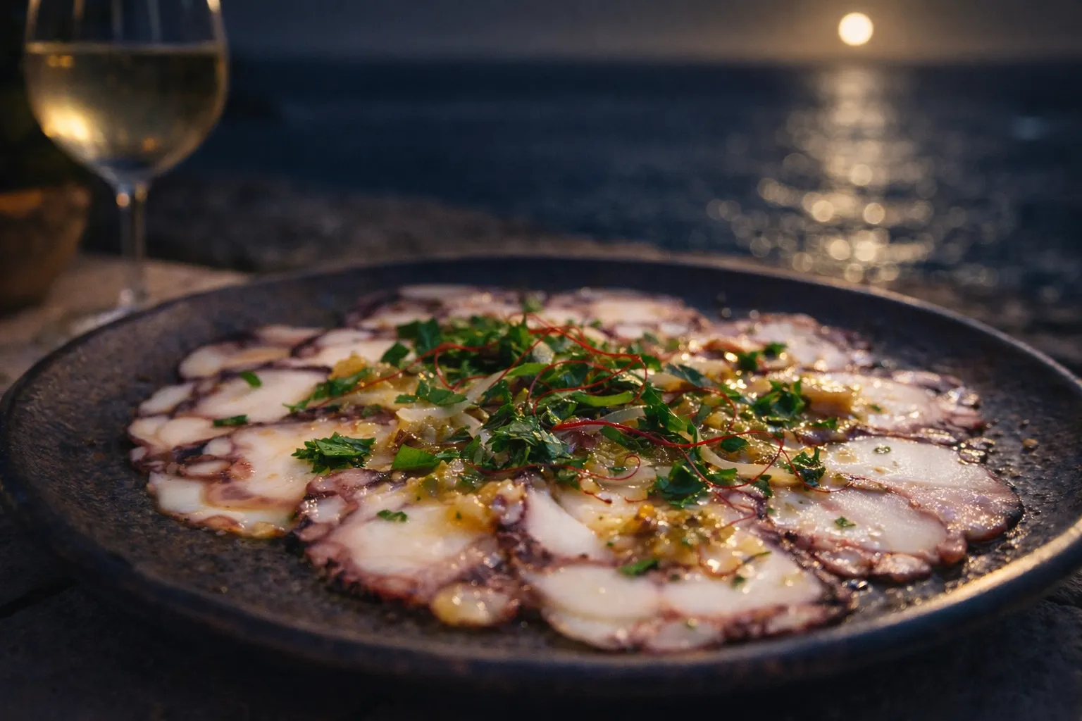 Carpaccio de poulpe frais coupé en fines lamelles, idéal pour apprécier la finesse d'un produit sauvage non transformé.