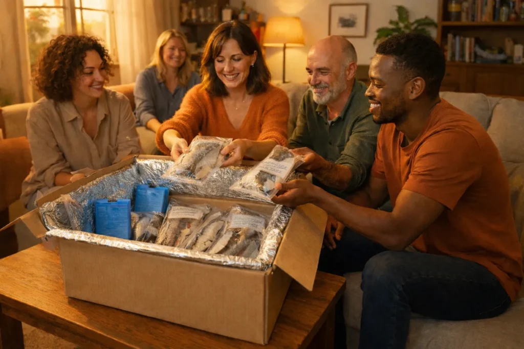 Groupe d'amis et voisins se partageant une commande de poisson frais de Nazaré reçue dans un colis isotherme sécurisé.