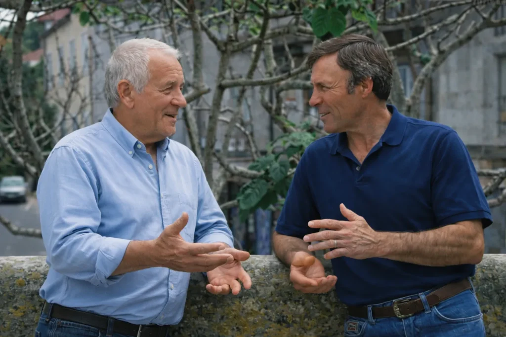 Deux hommes en pleine discussion authentique illustrant l'écoute et le conseil client pour la vente de poisson frais de Nazaré.