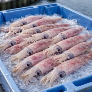 Encornets et calmars frais (lulas) entiers, issus d'une pêche artisanale à la turlutte, présentés pour la vente.