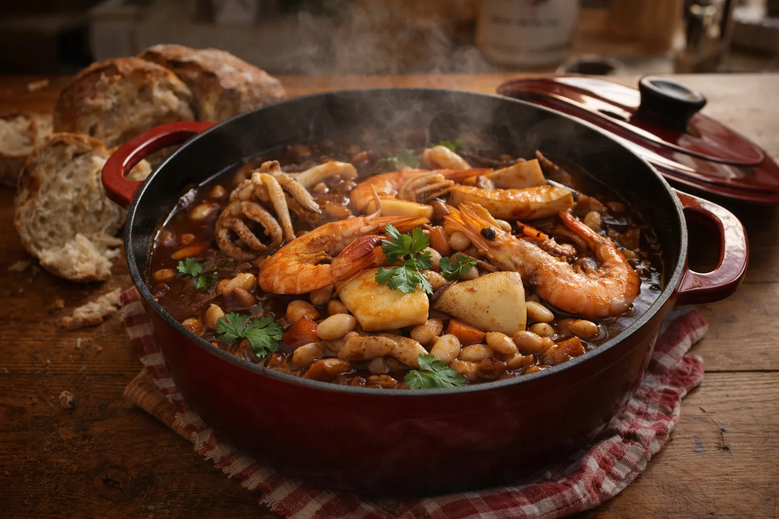 Plat de seiche aux haricots (feijoada), cuisiné avec des produits sauvages de l'Atlantique Nord-Est.