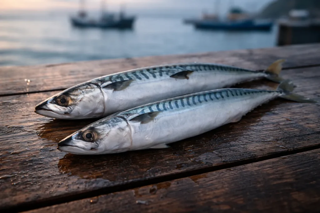 Deux maquereaux communs (Sarda) extra frais posés sur un quai en bois humide à Nazaré, illustrant le poisson sauvage comme super-aliment riche en oméga-3, avec des bateaux de pêche artisanale en arrière-plan.