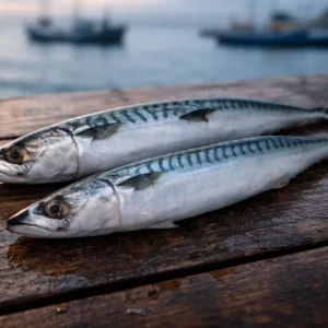 Deux maquereaux communs (Sarda) extra frais posés sur un quai en bois humide à Nazaré, illustrant le poisson sauvage comme super-aliment riche en oméga-3, avec des bateaux de pêche artisanale en arrière-plan.