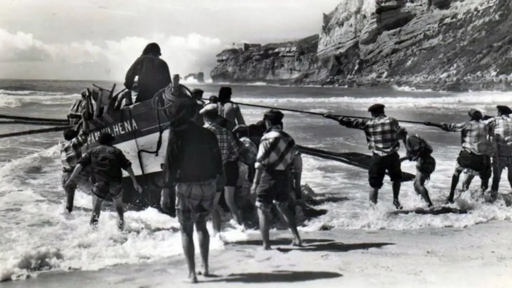 Photographie historique en noir et blanc montrant une dizaine de pêcheurs de Nazaré unissant leurs forces pour tirer une barque traditionnelle sur le sable, illustrant la dangerosité et la pénibilité de la petite pêche face aux vagues déferlantes de l'Atlantique.