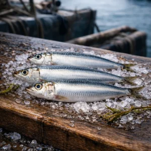 Sardines de Nazaré ultra-fraîches, issues de la petite pêche artisanale au candil (lanterne), garantissant une qualité et une brillance exceptionnelles.