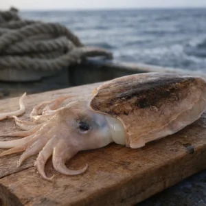 Seiche commune entière avec son encre, issue de la petite pêche côtière à Nazaré (Atlantique Nord-Est).