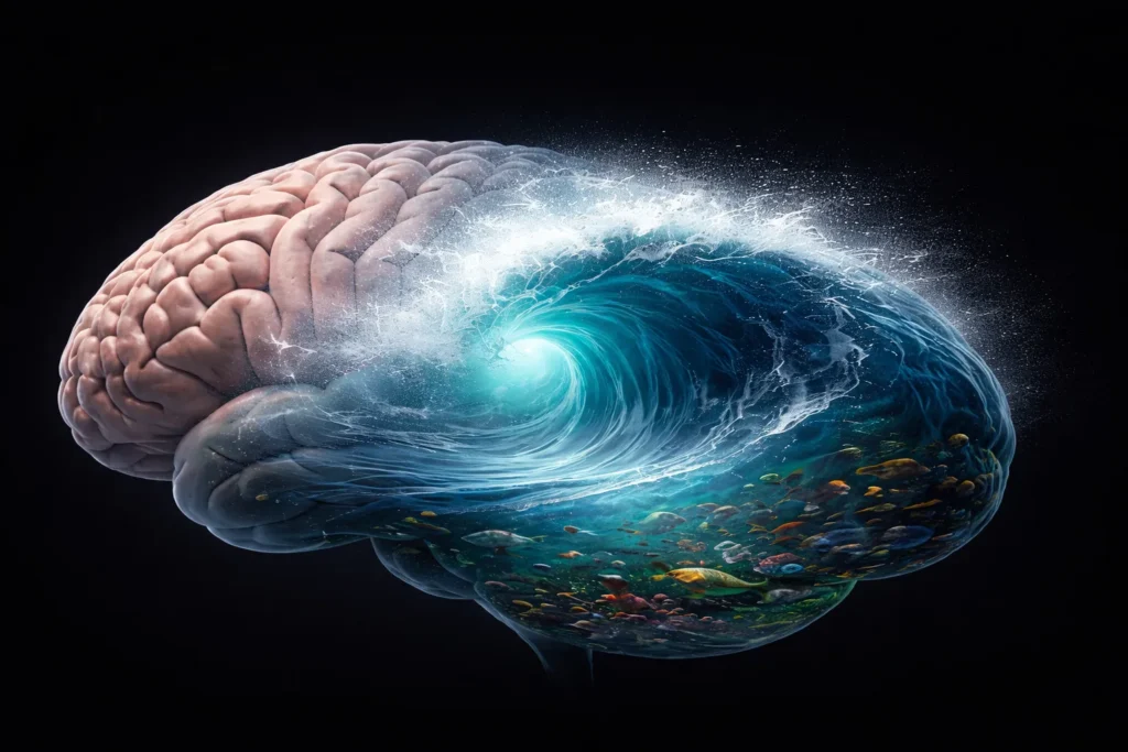 Illustration symbolique montrant la relation entre la consommation de poisson gras riche en Oméga-3 et l'optimisation des connexions neuronales du cerveau.