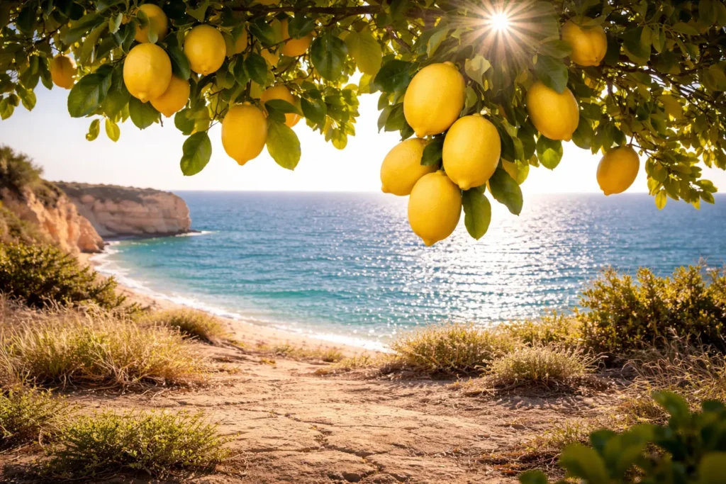 Branches chargées de citrons jaunes et brillants surplombant une plage de l'Algarve, au Portugal, avec le soleil éclatant se reflétant sur l'océan Atlantique bleu et les falaises dorées en arrière-plan, illustrant le terroir des 'Citrinos do Algarve' IGP