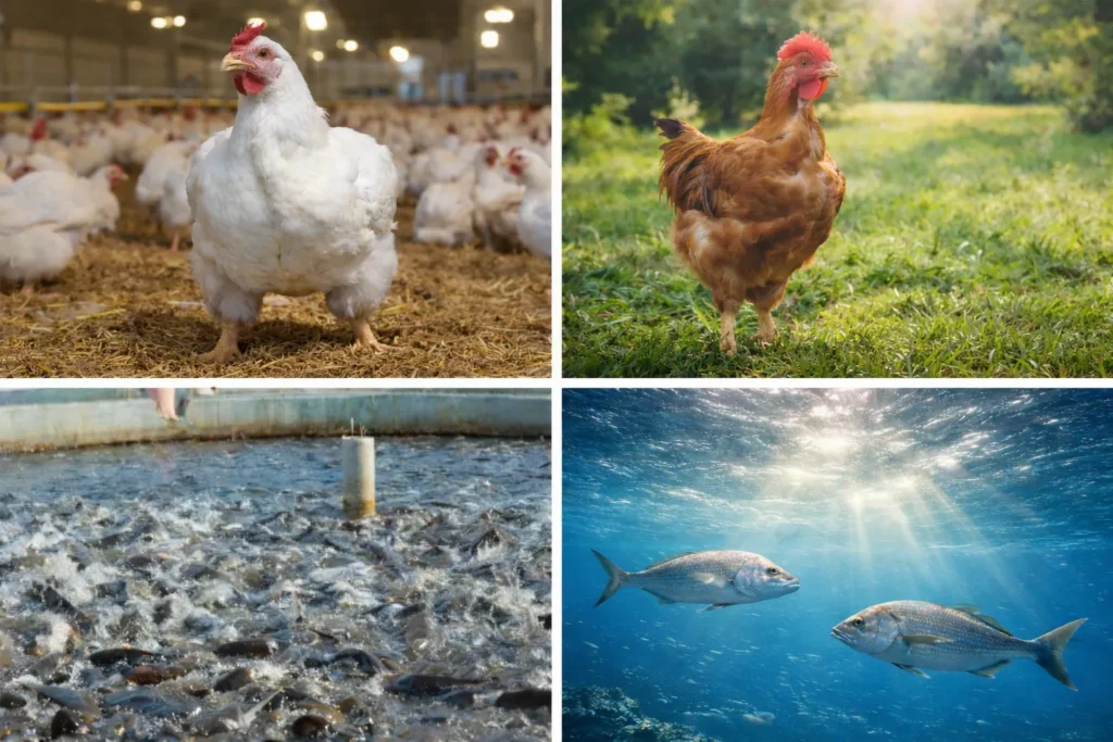 Montage comparatif en quatre quadrants illustrant la différence de qualité : en haut, poulet industriel versus poulet fermier en plein air ; en bas, bouillonnement d'un bassin de poisson d'élevage saturé versus poissons sauvages nageant librement dans une eau cristalline percée par les rayons du soleil