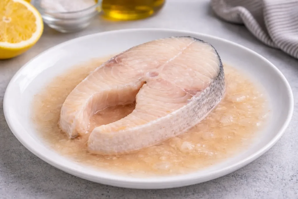 Darne de poisson décongelée baignant dans son exsudat sur une assiette blanche, illustrant la rupture des parois cellulaires et la perte de nutriments et de saveurs causée par la congélation industrielle.