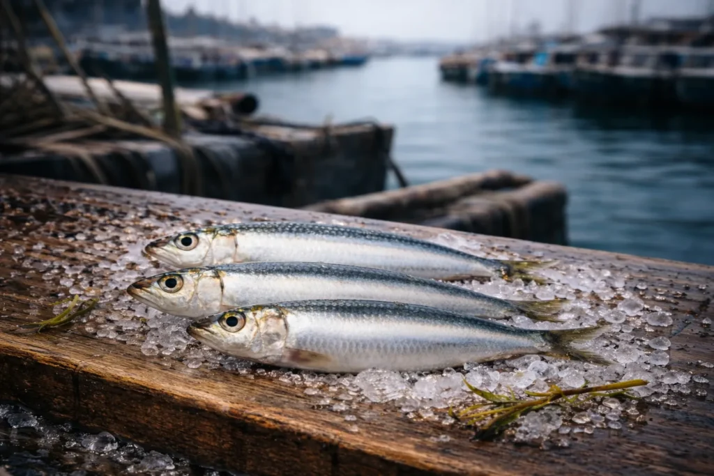 sardines sauvages fraîches reposant sur un lit de glace pilée sur une table en bois, illustrant la méthode pour stopper la dégradation enzymatique et bactérienne.