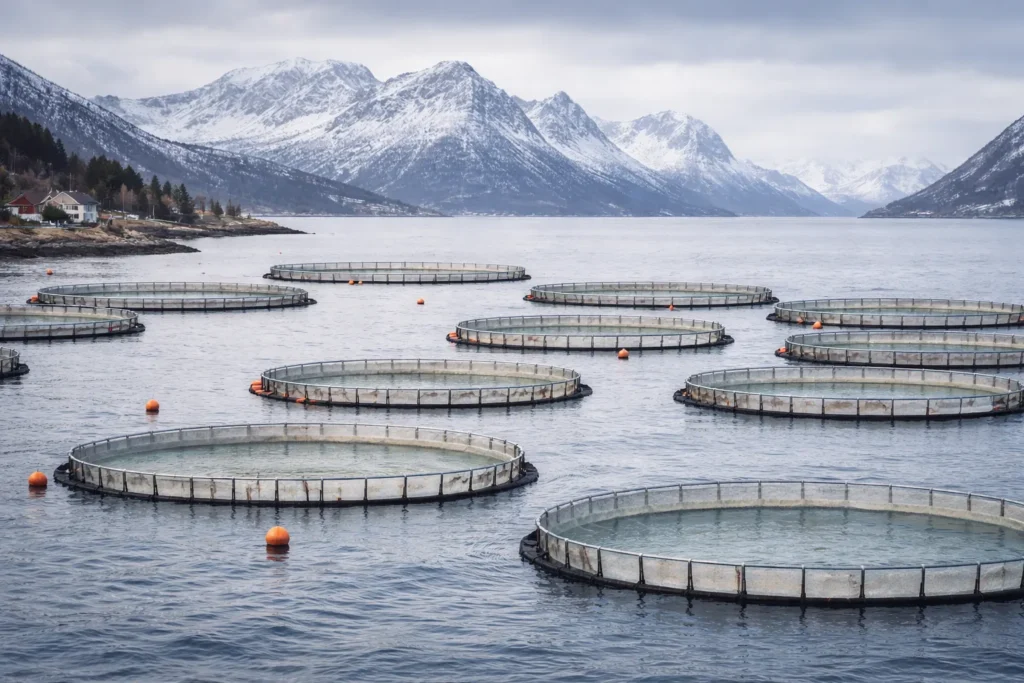 Vue aérienne de multiples cages circulaires d'élevage intensif de saumons dans un fjord norvégien, illustrant la haute densité de poissons et les risques de pollution marine.
