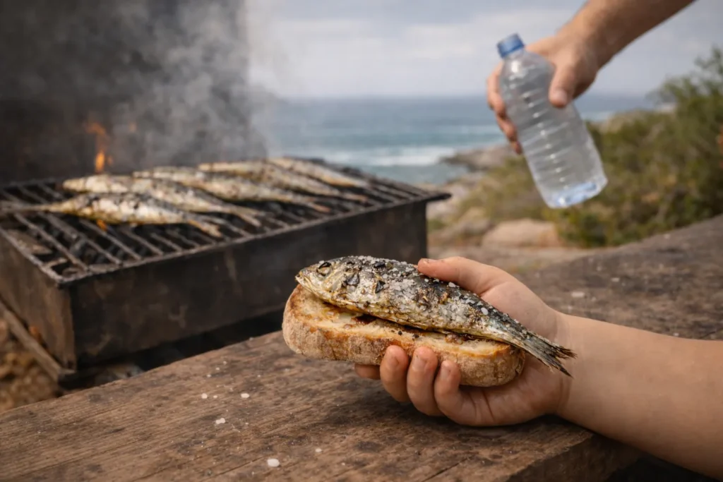 Moment de dégustation authentique en famille illustrant l'origine du projet : une main d'enfant recevant une sardine de Nazaré grillée sur une tranche de pain, symbole du partage et de la passion pour les produits ultra-frais transmis entre le Portugal et la France.