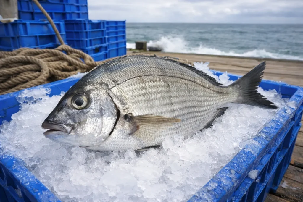 Comparaison entre un poisson entier sauvage de Nazaré et des filets industriels, soulignant la différence de protection et de fraîcheur.