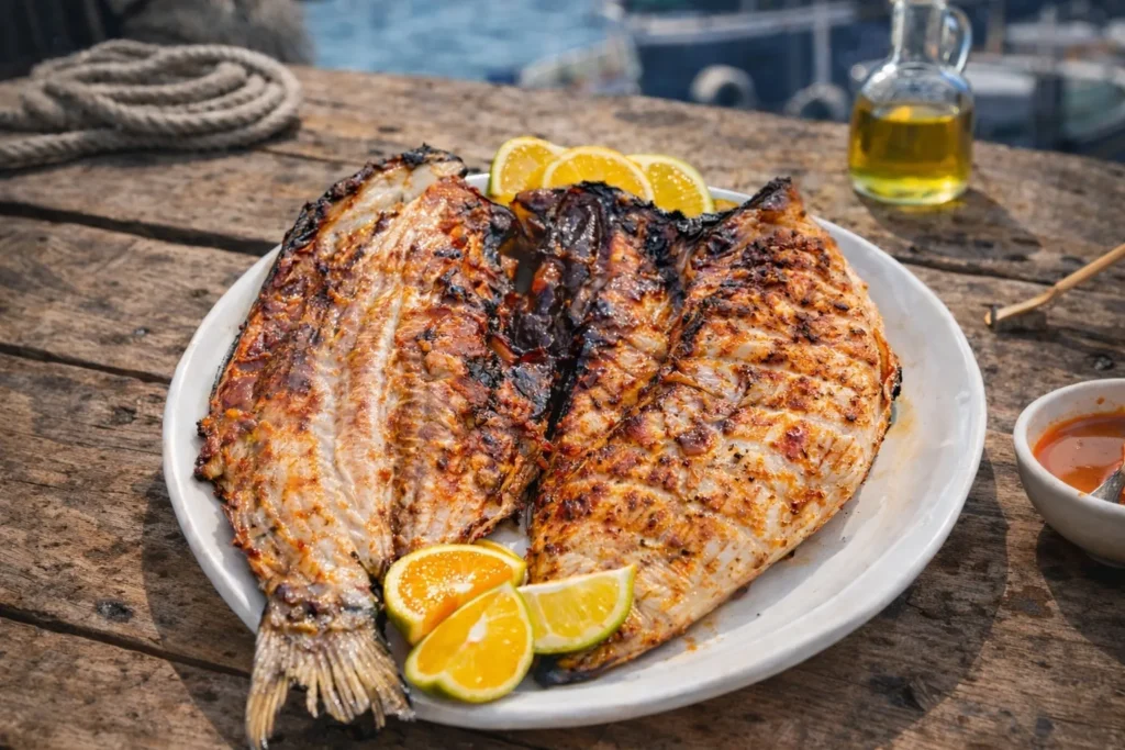 Photographie en gros plan d'un mulet frais, ouvert en portefeuille ('escalado'), parfaitement grillé au barbecue avec des marques de cuisson et une peau dorée, posé sur une planche en bois avec une tranche de citron et de la coriandre fraîche, illustrant la tradition méditerranéenne du poisson entier grillé.