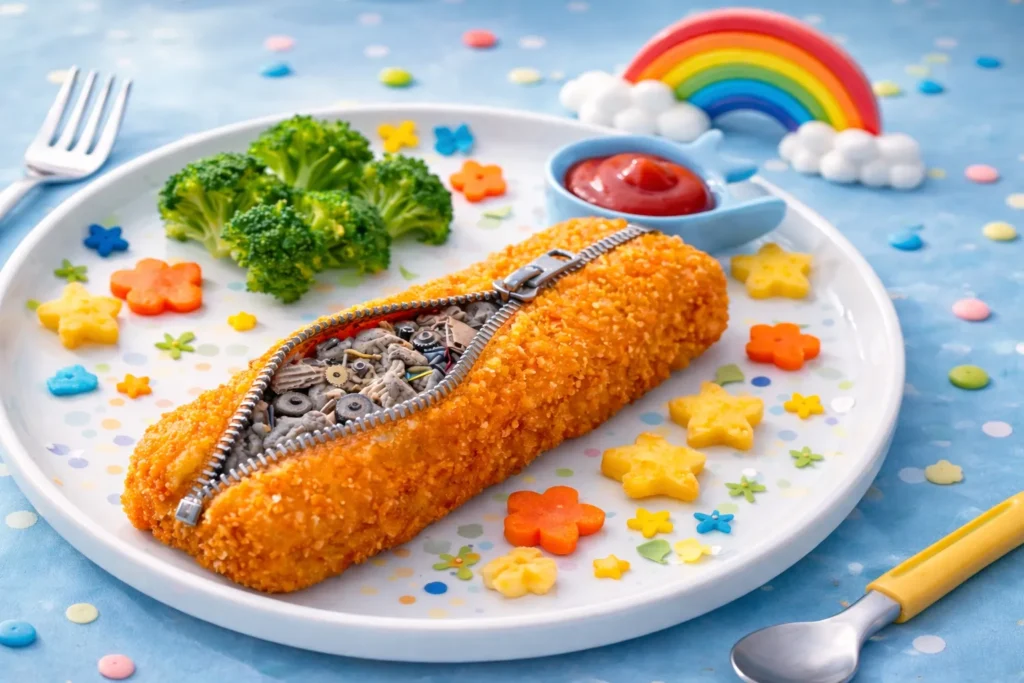 Une représentation artistique d'un bâtonnet de poisson pané croustillant dont la panure est ouverte par une fermeture éclair pour révéler un intérieur composé de rouages, de fils et de composants industriels gris, symbolisant la nature ultra-transformée du produit par opposition à un vrai filet de poisson.