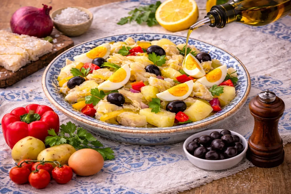 Une vue d'ensemble de la salade de morue à la portugaise présentée dans un bol décoratif bleu et blanc, avec une bouteille versant de l'huile d'olive par-dessus. La salade est composée de gros morceaux de morue effilochée, de cubes de pommes de terre, de quartiers d'œufs durs, d'olives noires et de persil frais. Autour du bol se trouvent les ingrédients bruts : poivrons rouges et jaunes, oignon rouge, sel marin, tomates cerises et un œuf entier, posés sur une nappe brodée traditionnelle et une table en bois.