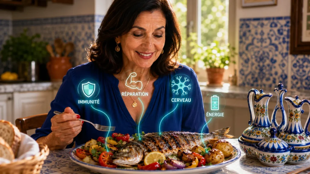 Une fiche éducative sur la nutrition présentant une femme souriante attablée dans une cuisine traditionnelle portugaise ornée d'azulejos bleus. Devant elle, un grand plat de poisson grillé entier accompagné de tomates, de poivrons rôtis et de pommes de terre. Quatre icônes lumineuses bleues émanent du repas avec des lignes graphiques : un bouclier pour 'IMMUNITÉ', un bras musclé pour 'RÉPARATION', des connexions nerveuses pour 'CERVEAU' et une pile pour 'ÉNERGIE'. À droite, un ensemble de burettes en céramique traditionnelle peinte complète la table.