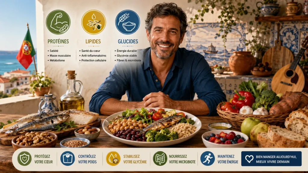 Une infographie nutritionnelle complète intégrée dans un cadre authentique et chaleureux. Un homme souriant est attablé devant une grande variété d'aliments sains : sardines fraîches, morue, noix, amandes, graines, un bol composé de crudités, de brocolis et de légumineuses, un panier de légumes frais, du pain complet et des baies sauvages. En arrière-plan, une cuisine traditionnelle en azulejos s'ouvre sur un littoral ensoleillé avec le drapeau du Portugal. Au-dessus de la scène, trois colonnes illustrées détaillent avec précision les rôles des macronutriments : 'PROTÉINES' (Satiété, Masse musculaire, Métabolisme), 'LIPIDES' (Santé du cœur, Anti-inflammatoires, Protection cellulaire) et 'GLUCIDES' (Énergie durable, Glycémie stable, Fibres & microbiote). Un bandeau au bas de l'image résume les bénéfices globaux : protection du cœur, contrôle du poids, stabilisation de la glycémie, nutrition du microbiote et maintien de l'énergie.