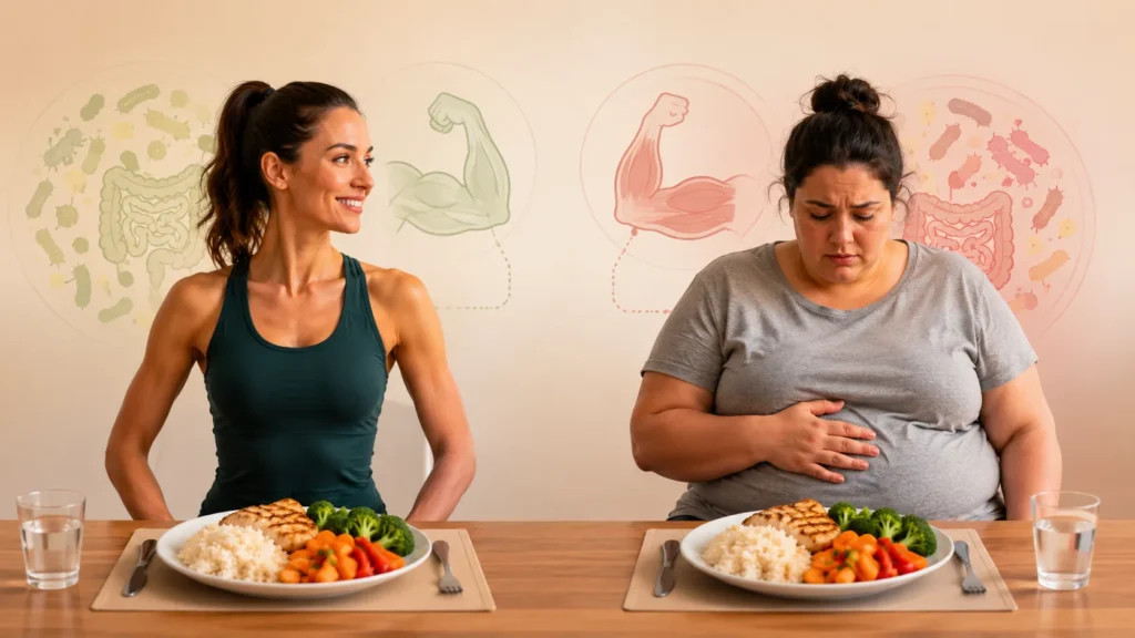 Une infographie comparative illustrant deux femmes assises côte à côte à une table en bois devant un repas identique composé de blanc de poulet grillé, de riz blanc, de brocolis et de carottes. À gauche, une femme à la silhouette athlétique et souriante regarde sa voisine ; au-dessus d'elle, des graphismes verts symbolisent un microbiote intestinal sain et une forte masse musculaire. À droite, une femme en surpoids regarde tristement son assiette en posant sa main sur son ventre ; au-dessus d'elle, des graphismes rouges illustrent une masse musculaire plus faible et un microbiote intestinal déséquilibré, mettant en évidence les différences de métabolisme.