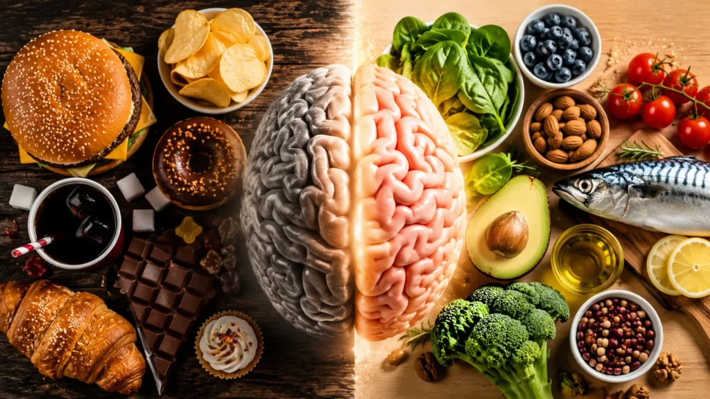 Une image conceptuelle divisée verticalement en deux parties, montrant l'impact de la nourriture sur le cerveau et la santé mentale. Au centre se trouve un cerveau humain : son hémisphère gauche est gris et terne, tandis que son hémisphère droit est rose, sain et lumineux. La partie gauche de l'image, sur un fond en bois sombre, présente de la nourriture ultra-transformée (burger, frites, sodas, beignets, bonbons, chocolat et viennoiseries). La partie droite de l'image, sur un fond en bois clair, expose des aliments sains et nutritifs (brocolis, épinards, avocat, myrtilles, amandes, tomates, poisson frais et huile d'olive).