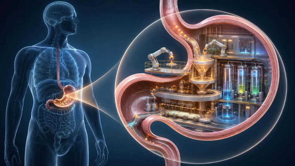 Une infographie médicale et conceptuelle illustrant le processus de la digestion humaine. À gauche, la silhouette transparente en bleu d'un corps humain met en évidence le système digestif, avec une zone lumineuse zoomant sur l'estomac. À droite, un grand cercle présente une vue en coupe détaillée et métaphorique de l'intérieur de l'estomac, transformé en une usine technologique miniature. On y voit des bras robotisés automatisés triant des particules dorées, des tapis roulants transportant les éléments digérés et des tubes de laboratoire transparents contenant des liquides colorés en bleu, jaune et vert, symbolisant le traitement chimique et l'assimilation des nutriments par l'organisme.