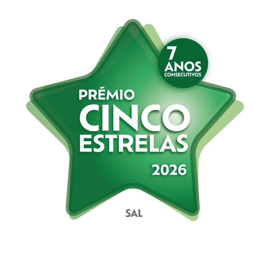 Logo du label de qualité portugais Prémio Cinco Estrelas 2026 attribué dans la catégorie Sal pour la 7ᵉ année consécutive, représenté par une étoile verte marquant la distinction accordée aux produits de la marque Necton.