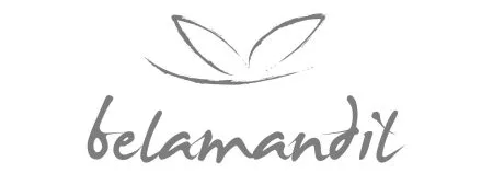 Logo de la marque Belamandil composé de la calligraphie fluide du nom en gris foncé et surmonté d'un pictogramme minimaliste figurant deux ailes ou pétales stylisés sur une ligne courbe.
