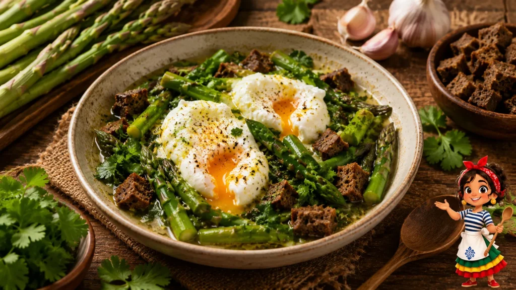 Plat traditionnel de soupe açorda portugaise aux asperges vertes et œufs pochés fondants dans un bol en céramique, assaisonné de fleurs de sel Marnoto par le paludier ou marnoto. En bas à droite, la mascotte illustrée Nazarita présente la recette avec une cuillère en bois sur une table rustique entourée d'ail et de coriandre fraîche.