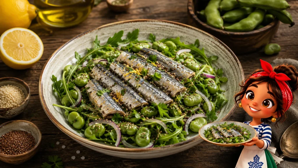 Salade tiède de sardines fraîches, fèves et roquette présentée dans une assiette creuse en céramique avec citrons, graines de lin et sésame, illustrée avec la mascotte Nazarita pour une recette santé et équilibre hormonal.