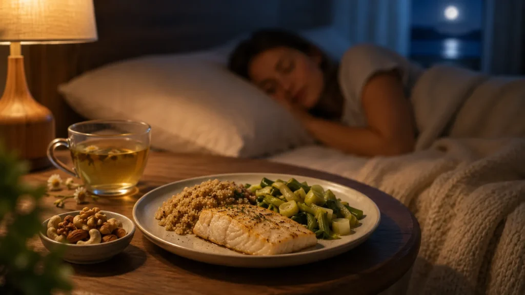 Une scène de chambre à coucher feutrée illustrant l'impact de l'alimentation sur le sommeil. Au premier plan, une table de chevet en bois présente un dîner léger et équilibré : une assiette contenant un pavé de poisson blanc grillé, du quinoa et des poireaux cuits, accompagnée d'un petit bol de noix et d'une tasse de tisane chaude à la camomille. À côté, une lampe de chevet allumée diffuse une lumière tamisée et chaleureuse. En arrière-plan, une femme dort paisiblement dans son lit, enveloppée sous une couverture. À travers la fenêtre ouverte en fond, on aperçoit une nuit étoilée éclairée par une pleine lune sur l'océan.