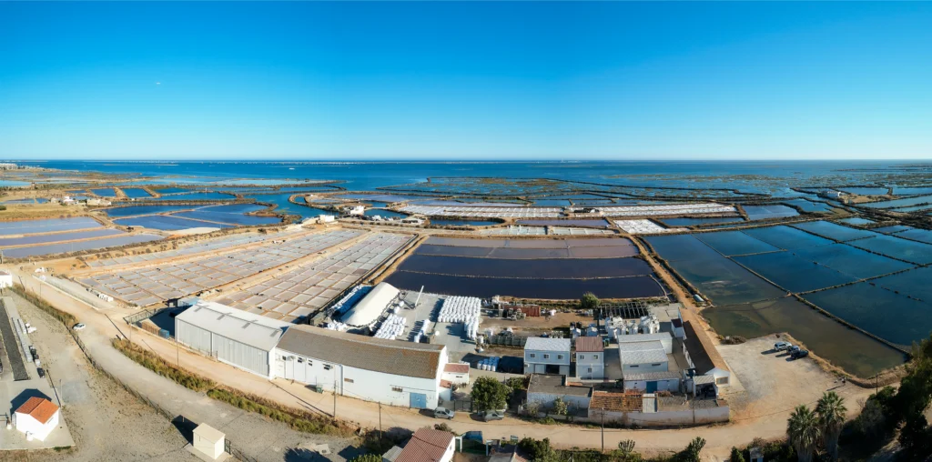 Photographie aérienne panoramique au drone des marais salants de la société Necton dans le parc naturel de la Ria Formosa au Portugal. On y voit les bassins d'évaporation, les œillets de récolte artisanale du sel, les bâtiments d'exploitation et l'océan Atlantique en arrière-plan sous un ciel bleu dégagé.