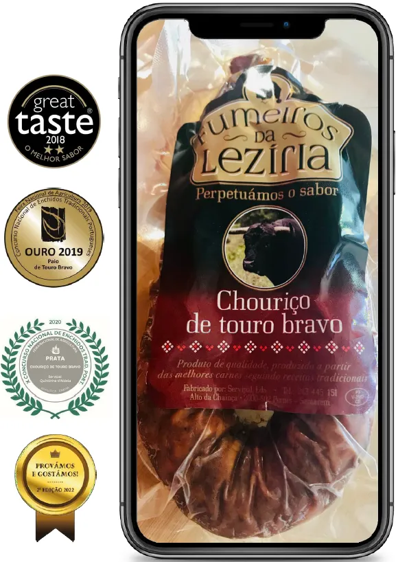 Chouriço de Touro Bravo chorizo de taureau brave traditionnel emballé de Quintinha d'Aldeia récompensé aux concours d'excellence Great Taste et Médaille d'Or.