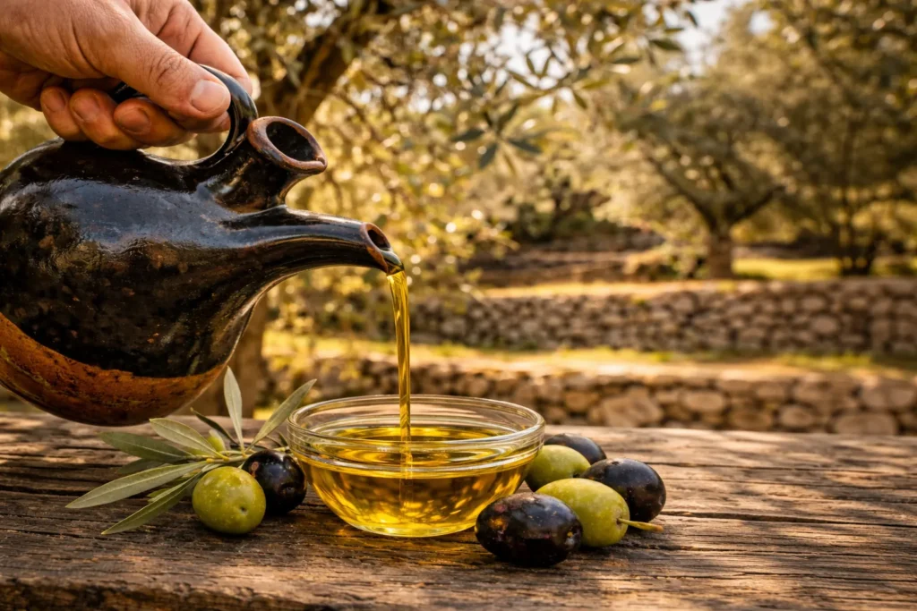 Main versant de l'huile d'olive extra vierge d'une cruche en céramique dans un bol en verre entouré d'olives fraîches dans une oliveraie.