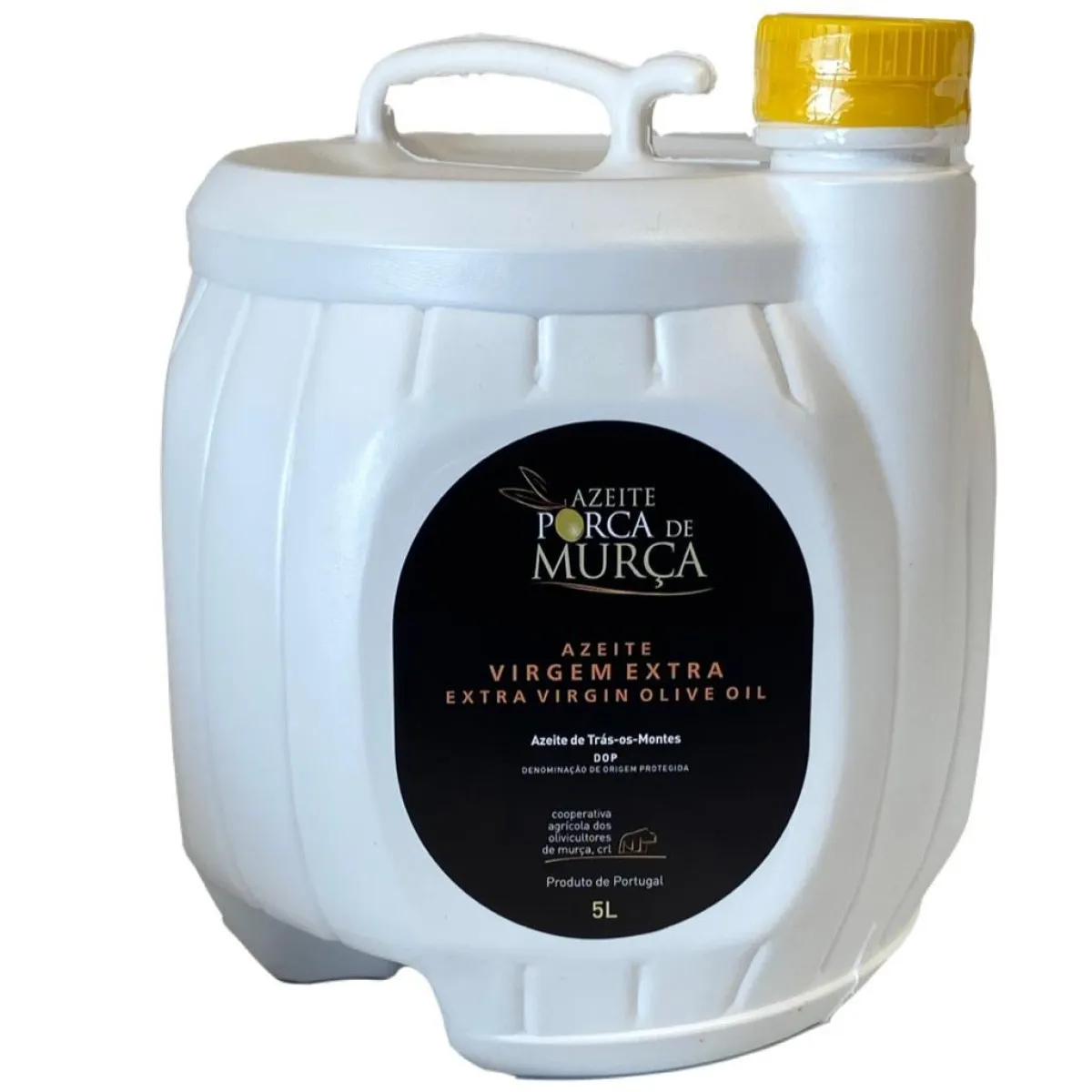 Bidon opaque blanc de 5 litres d'huile d'olive extra vierge Porca de Murça DOP Trás-os-Montes avec poignée ergonomique.