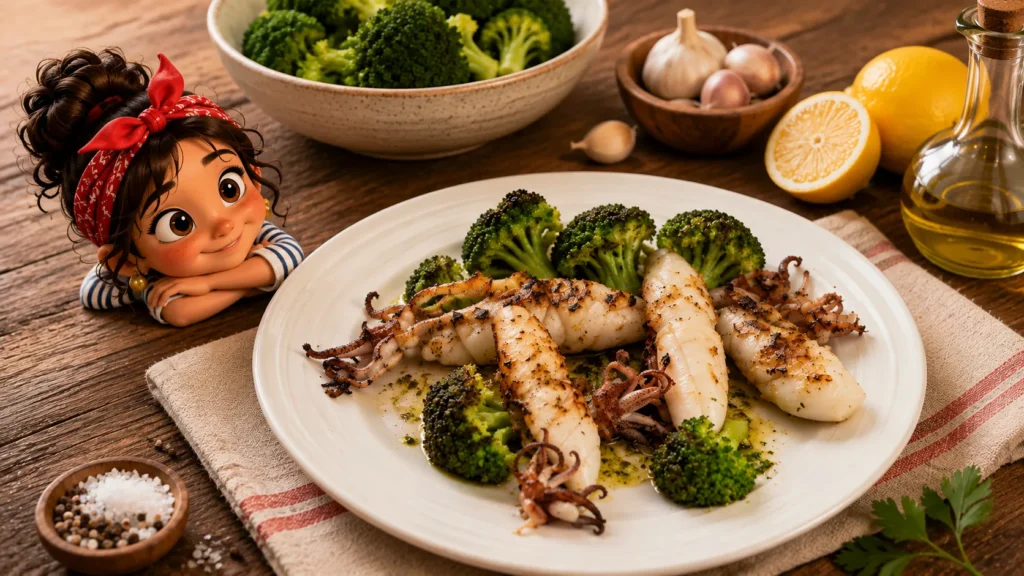 Assiette de calamars grillés (lulas) servis avec des brocolis et du citron, accompagnée de la figurine Nazarita pour la recette méditerranéenne de l'article 39.