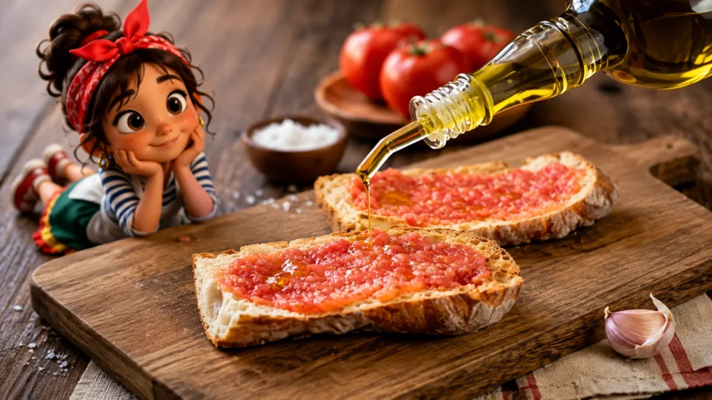 Nazarita observant un filet d'huile d'olive versé sur des tranches de pain gratiné à la tomate fraîche pour la recette du pan con tomate catalan.