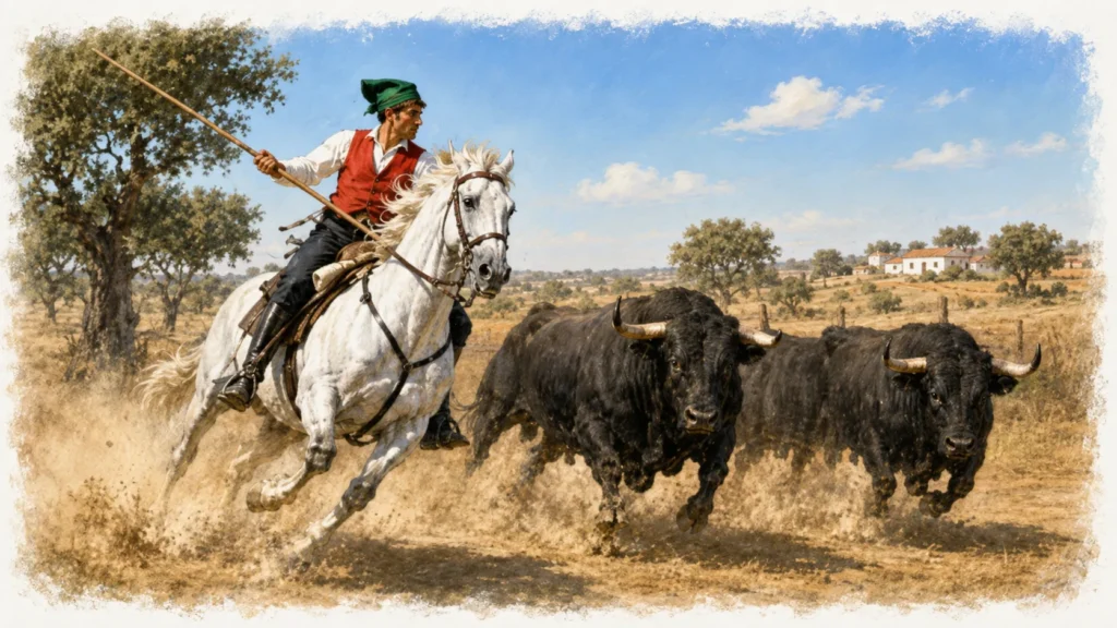 Scène traditionnelle du Ribatejo illustrant un campino à cheval guidant des taureaux bravos dans la campagne portugaise.