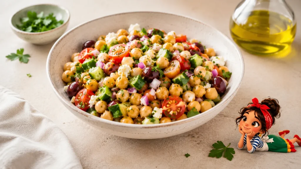 Salade gourmande de pois chiches aux tomates cerises, feta, olives et herbes fraîches, idéale pour un repas équilibré à base de légumineuses.