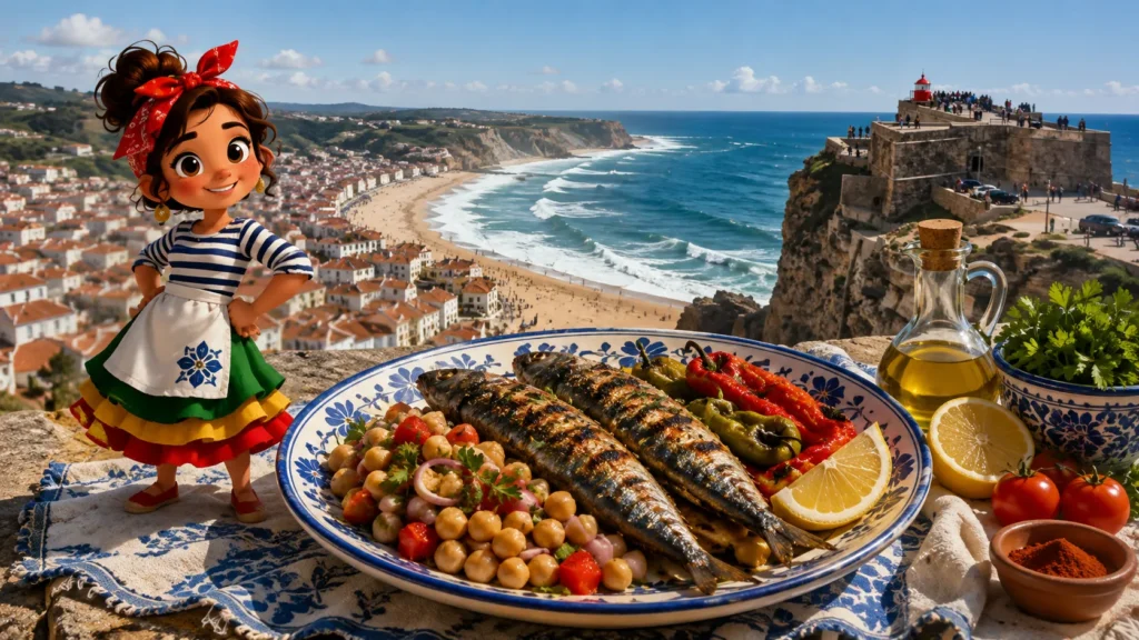 Figurine Nazarita debout à côté d'un plat traditionnel de sardines grillées avec salade de pois chiches, poivrons et huile d'olive, surplombant le promontoire et la plage de Nazaré.