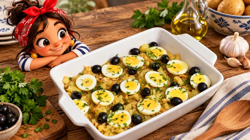 Plat de Bacalhau à Gomes de Sá garni d'œufs durs, d'olives noires et de persil, présenté dans un plat en céramique blanche avec la figurine Nazarita en arrière-plan.