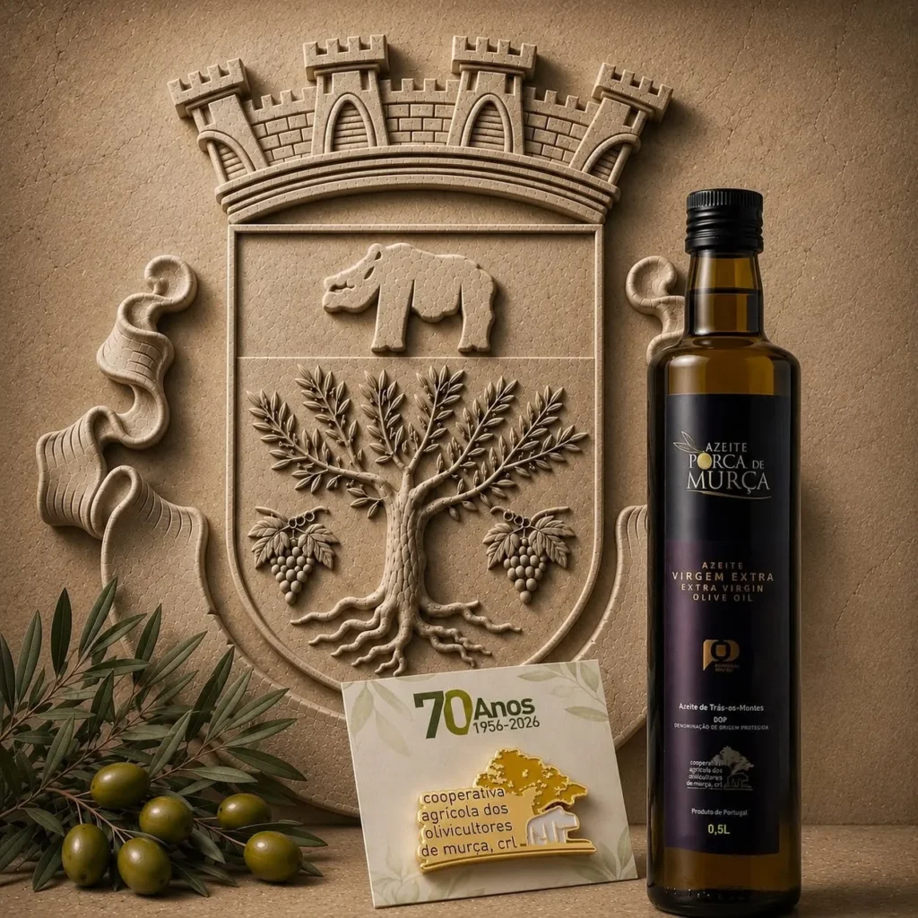 Bouteille d'huile d'olive extra vierge Porca de Murça DOP 0,5 L avec carte commémorative des 70 ans (1956-2026) de la coopérative devant un blason sculpté en relief.