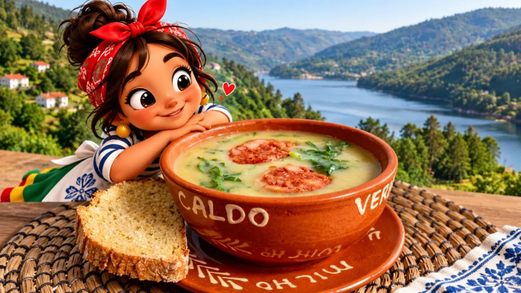 Bol de terre cuite contenant une soupe Caldo Verde avec tranches de chouriço et tranche de broa de milho, à côté de la figurine Nazarita avec la vallée du Douro en arrière-plan.