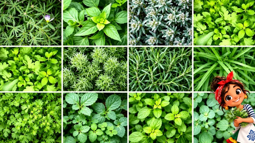 Grille d'images montrant diverses variétés de plantes et d'herbes aromatiques fraîches, accompagnée d'une illustration de personnage de dessin animé.