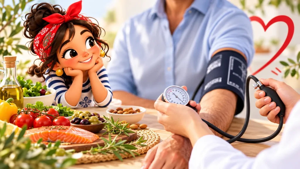 Illustration montrant un contrôle de la tension artérielle à côté d'une table garnie d'aliments sains pour le cœur, avec un personnage de dessin animé souriant