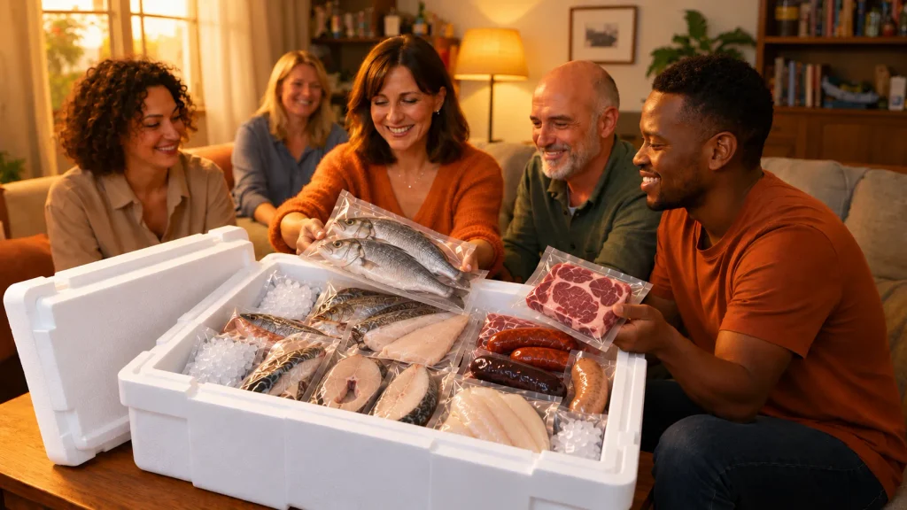 Table Partagée : des amis réunis chez l'Hôte autour de leur livraison groupée de produits frais